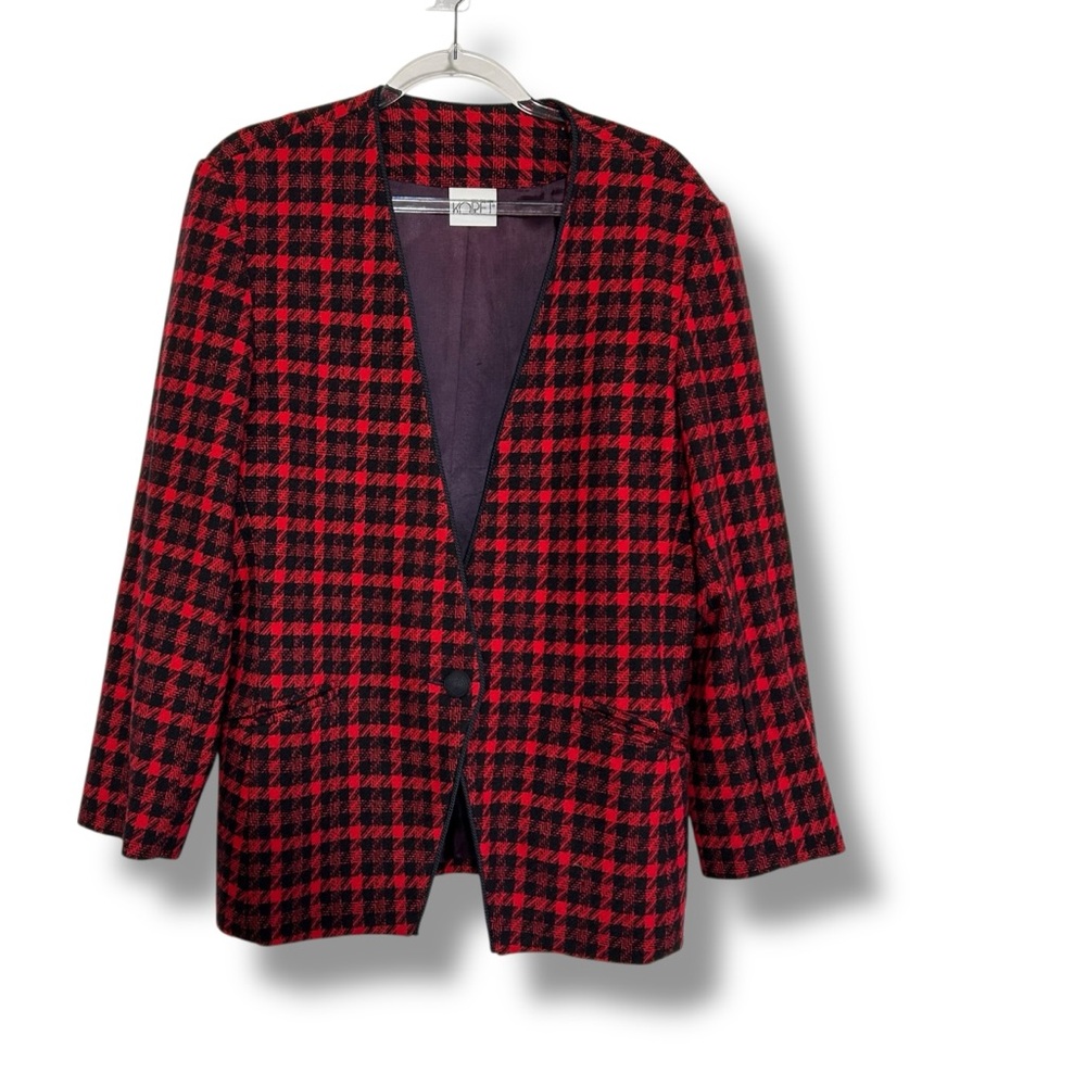 Vintage Koret Blazer Red Black Houndstooth Plaid Wool Size‎ Medium